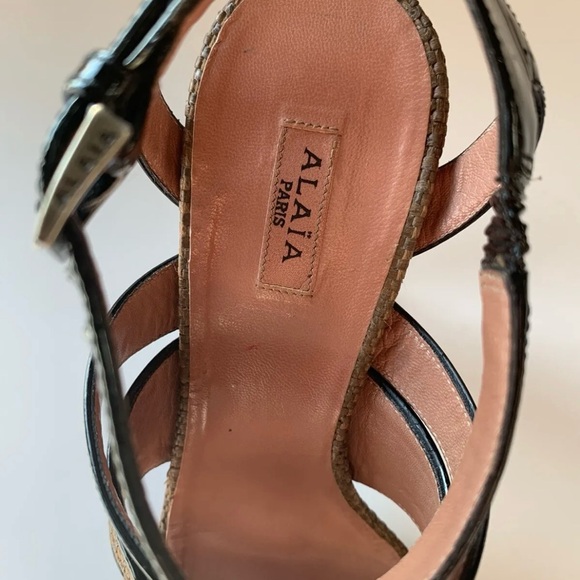 Alaia Paris Brown Woven with Black Patent Ankle Strap Heels Strappy 37.5 /7.5 - Picture 4 of 6